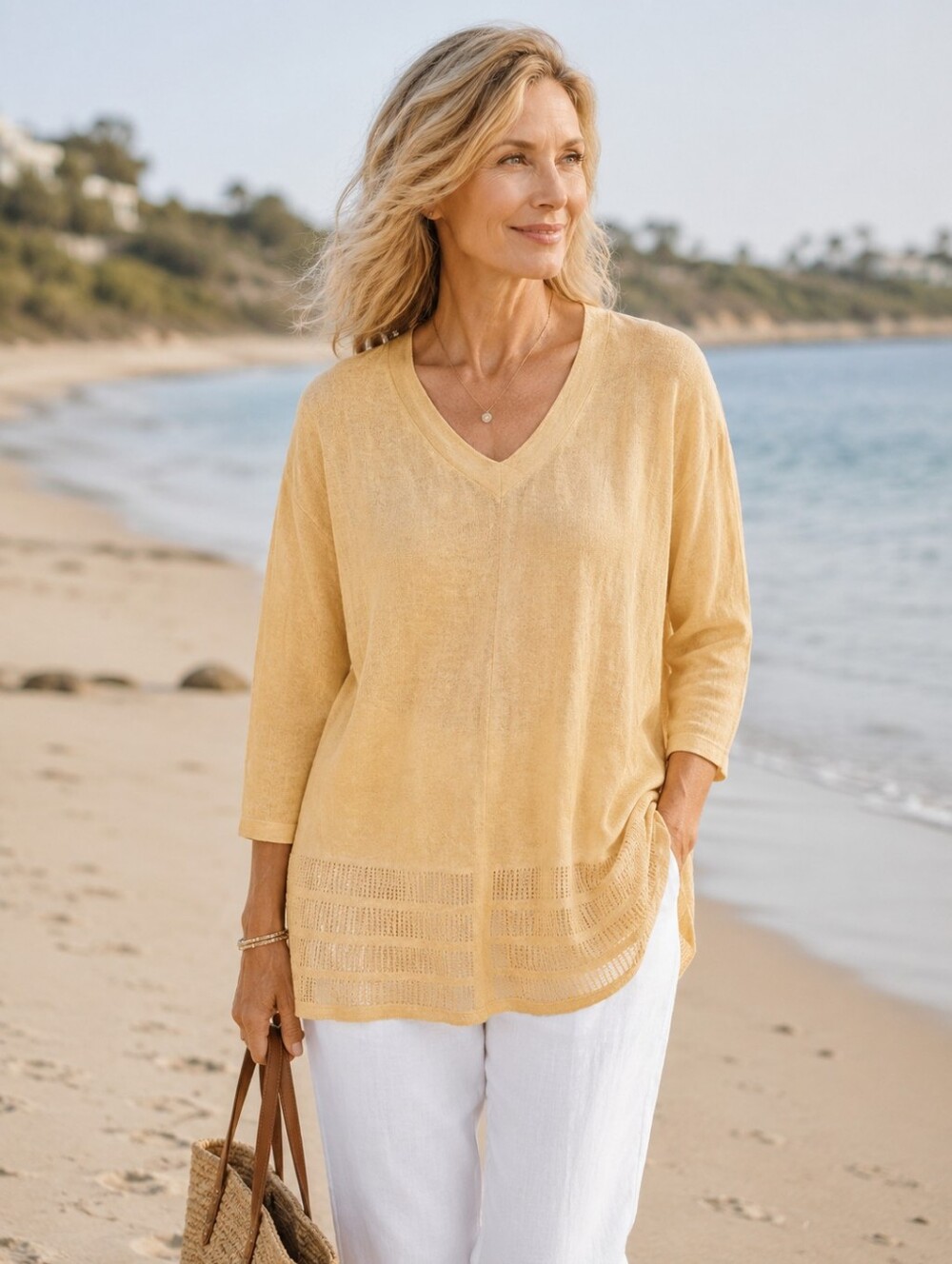 Rachel Zoe Mustard Yellow Linen Blend V-neck Tunic Sweater Crocheted Trim Sz M